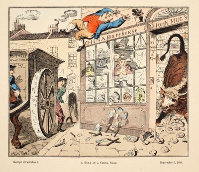A Bull in a China Shop, pub. 1808 by George Cruikshank